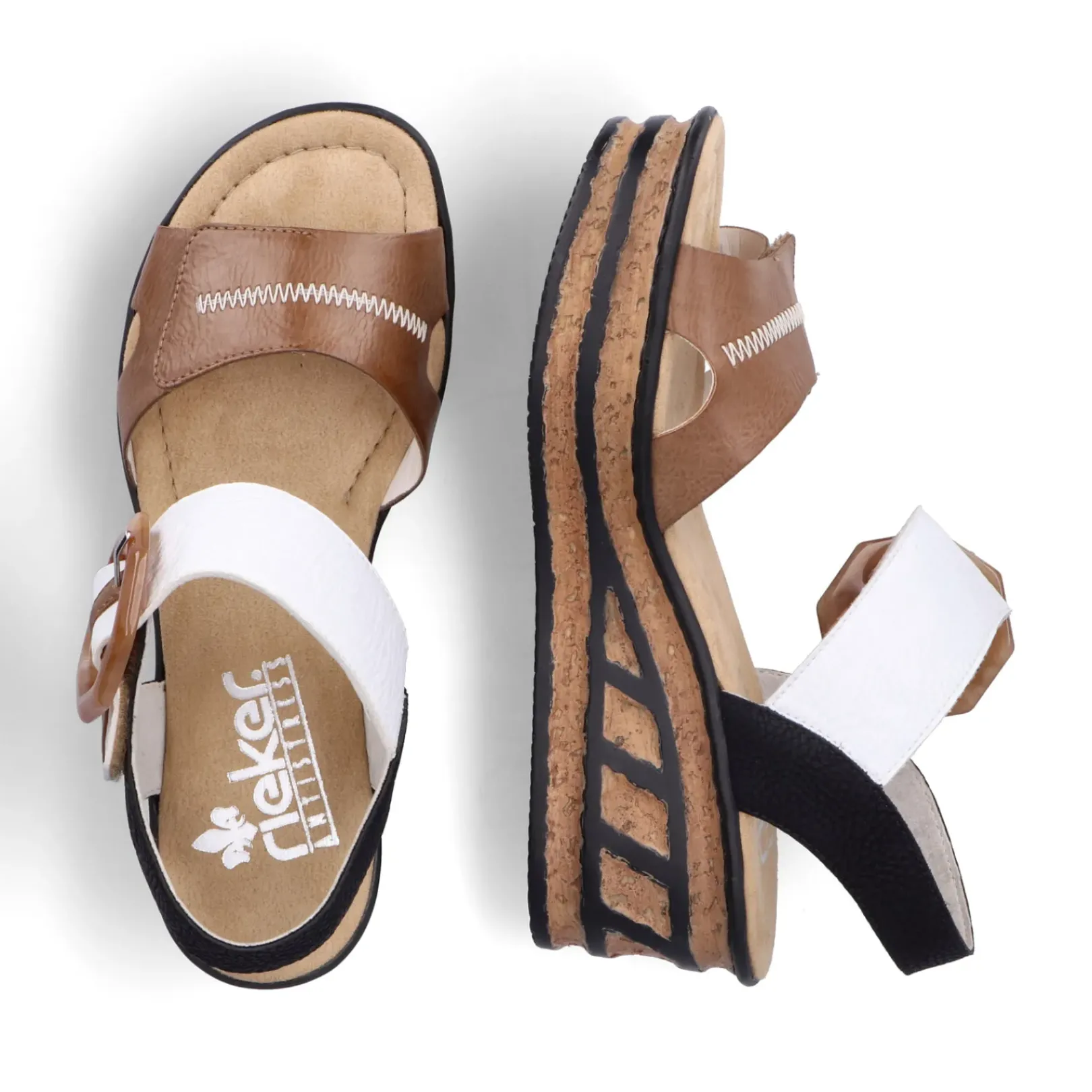 Discount Rieker Sandaly Damskie Na Koturnie W Kolorze Brazowo-Bezowo-Bialym