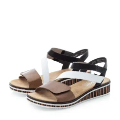 Sale Rieker Sandaly Damskie Na Koturnie Nugat Brazowo-Czarno-Biale